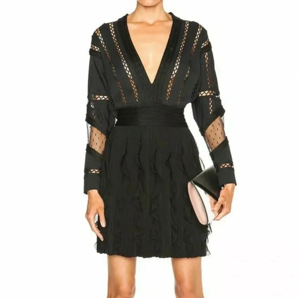 $3950 GIVENCHY BLACK SILK V NECK EYELET TRIM ACCORDION PLEATED SKIRT DRESS Sz M - Picture 7 of 7